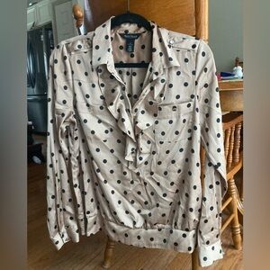 White House Black Market Women's Beige Polka Dot Ruffle Blouse, Size 8